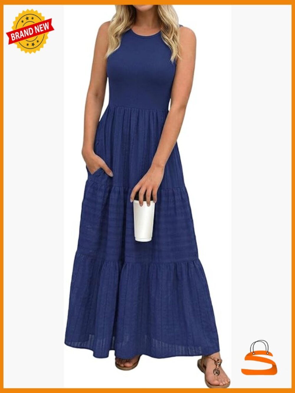 Sleeveless Maxi Dress Flowy A-Line Cotton Dress with Pockets